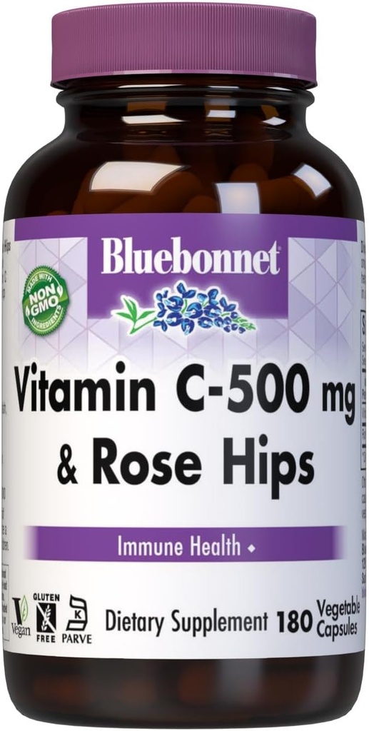 BlueBonnet Vitamina C 500 mg más Rosehips cápsulas vegetales, 180 conteo