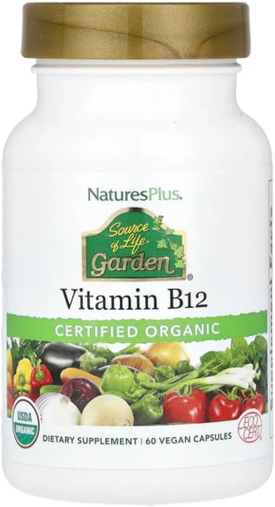 Naturalezas Plus Fuente de Jardín de Vida Certificada Vitamina Orgánica B12-1000 mcg metilcobalamina, 60 cápsulas veganos - Suplemento de vitamina B12 entera - Boost de energía - Vegetariano, libre de gluten - 30 servicios