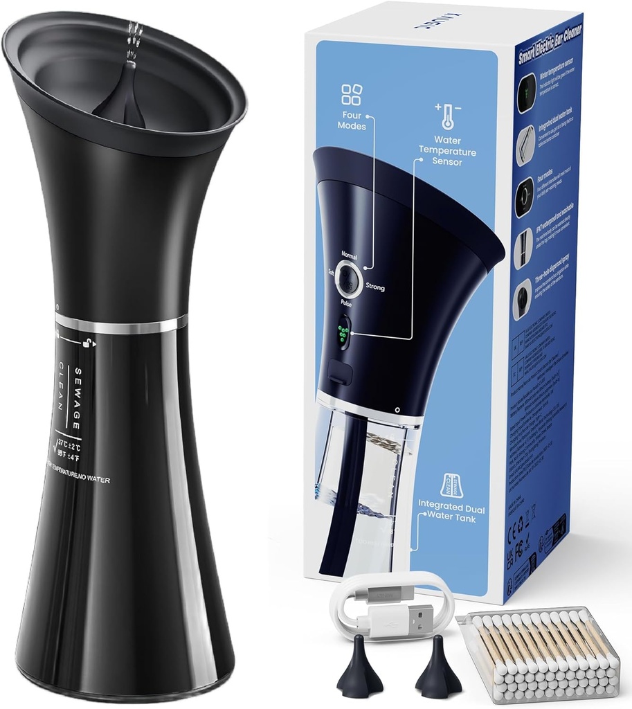 Removimiento de cera de oído actualizado con tanque de desechos de una crema, limpiador seguro con sensor de temperatura del agua, kit de riego de oído eficaz " USB-A a cable C, IPX7, negro