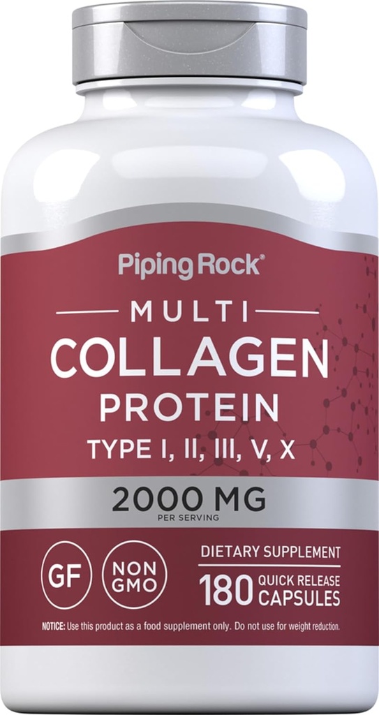 Piping Rock Multi Collagen Protein Capsules Silencio 180 Conde Silencio 2000mg Silencio Tipos I, II, III, V, X TENIDO Complejo Blend ANTE No GMO, Gluten Free