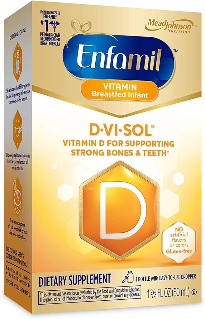 Enfamil D-Vi-Sol Vitamina D gotas para bebés, soporta huesos fuertes y dientes, libre de gluten, fácil de usar botella de gotero 50 mL