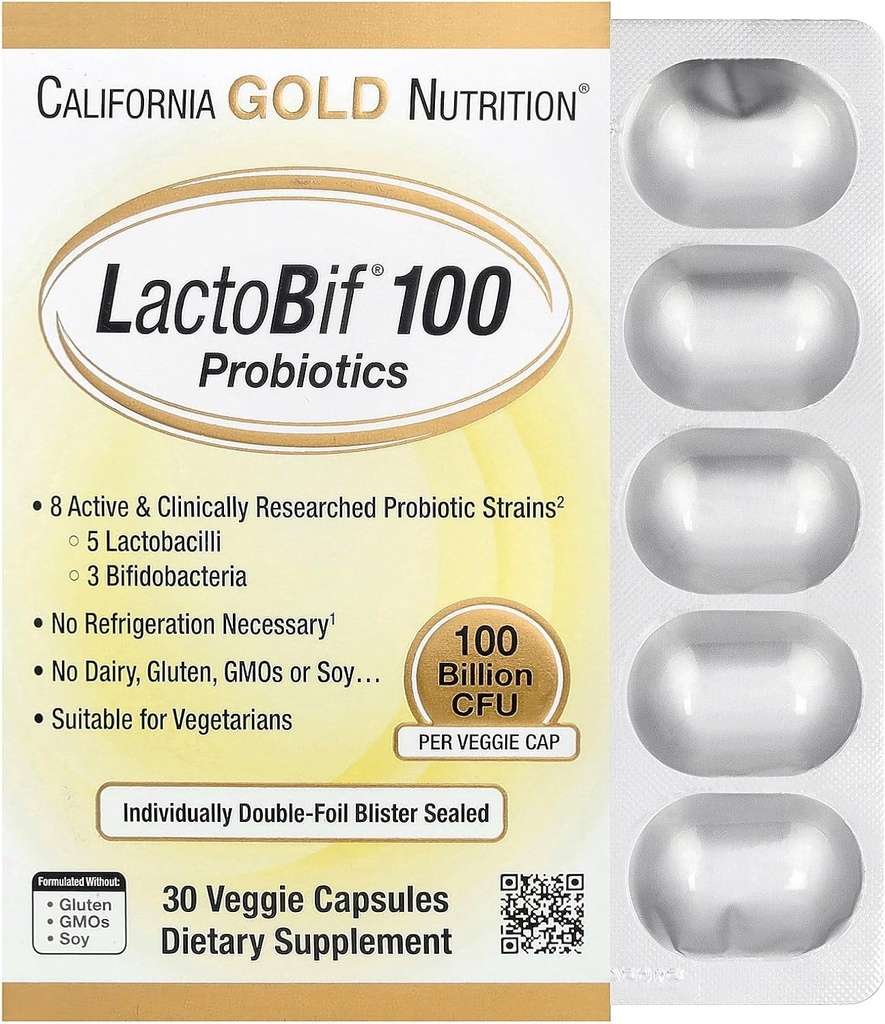 California Gold Nutrition LactoBif Probiotics, 100 Bllion CFU, 8 Active &amp; Clinically Researched Probiotic Strains, Sugar-Free, Vegetarian, Individually Double-foil Blister Sealed, 30 Veggie Capsules