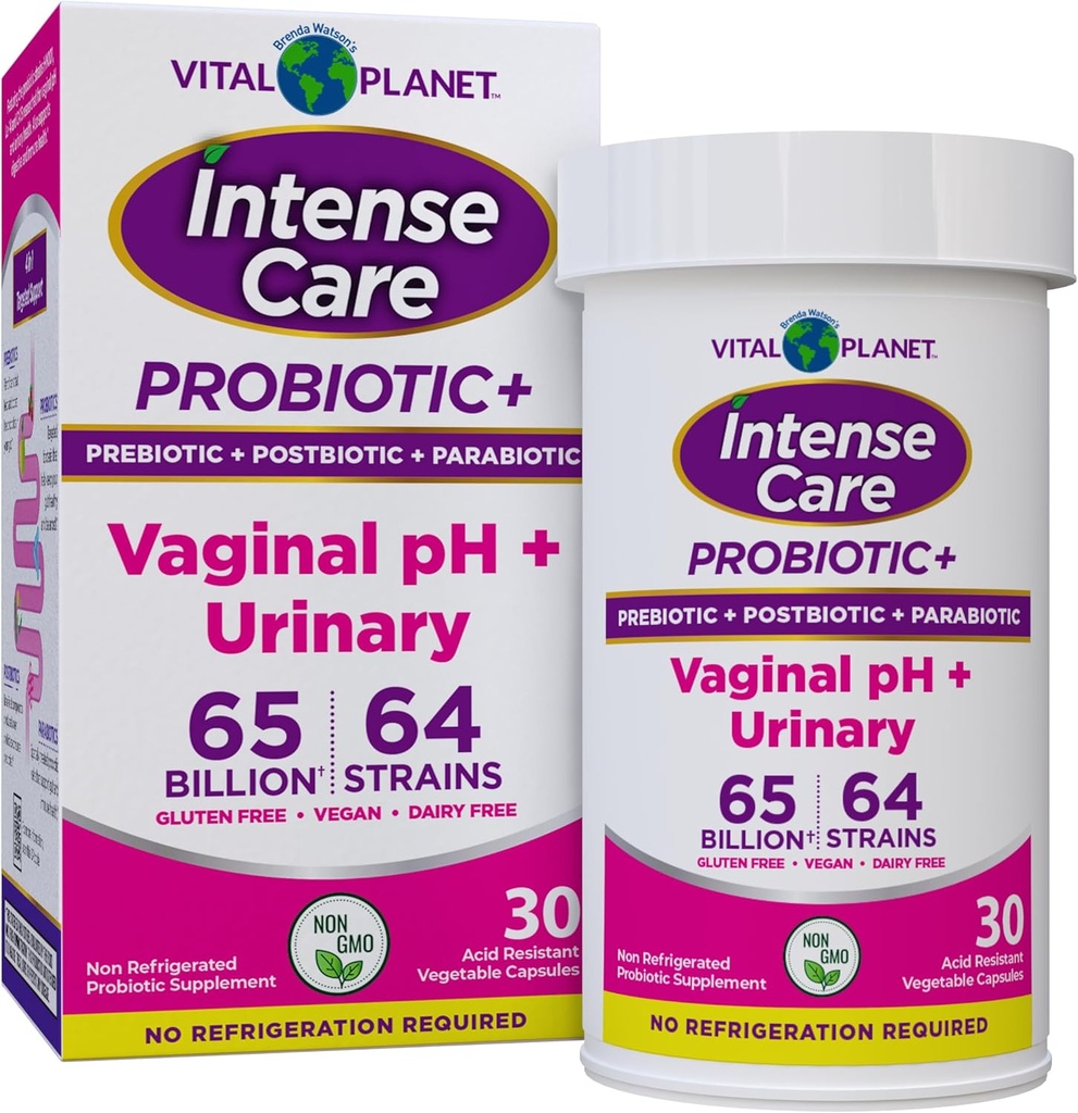 Planeta Vital - Cuidado Intenso Probióticos vaginales para mujeres más Prebióticos orgánicos, Postbióticos y Parabióticos, 65 millones de UF y 64 Estrenos, Salud Inmune y Digestiva 30 ct