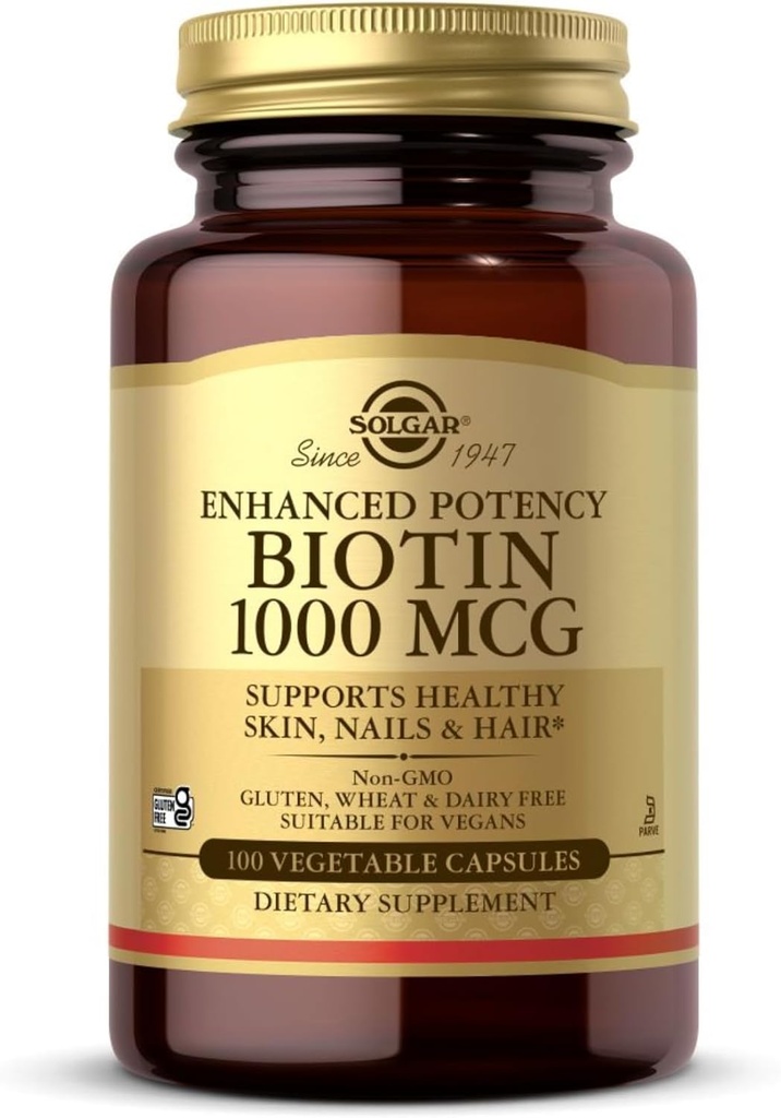 Solgar Biotin 1000 mcg - 100 cápsulas vegetales - Soportes Esquí saludable, uñas " pelo - No GMO, Vegan, Gluten Gratis, Dairy Free, Kosher - 100 piezas