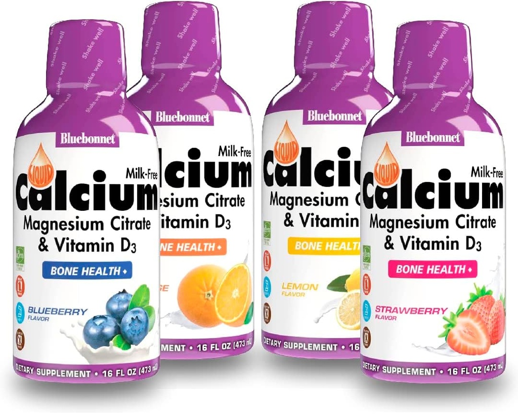 Bluebonnet Nutrition Liquid Calcium Citrate Magnesium Citrate, Vitamina D3, Bone Health - Bundle of Orange, Blueberry, Lemon and Strawberry Flavor, 4 Botella de 16 Fl Oz Cada (64 Fl Oz Total)