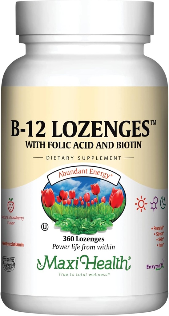 Maxi Health Vitamin B12 Lozenges with Folic Acid and Biotin - Sublingual B12 Vitaminas Strawberry Flavor - Vegetarian Kosher B 12 Vitamina para la Producción y Energía de Celdas Rojas (360 Cuenta)