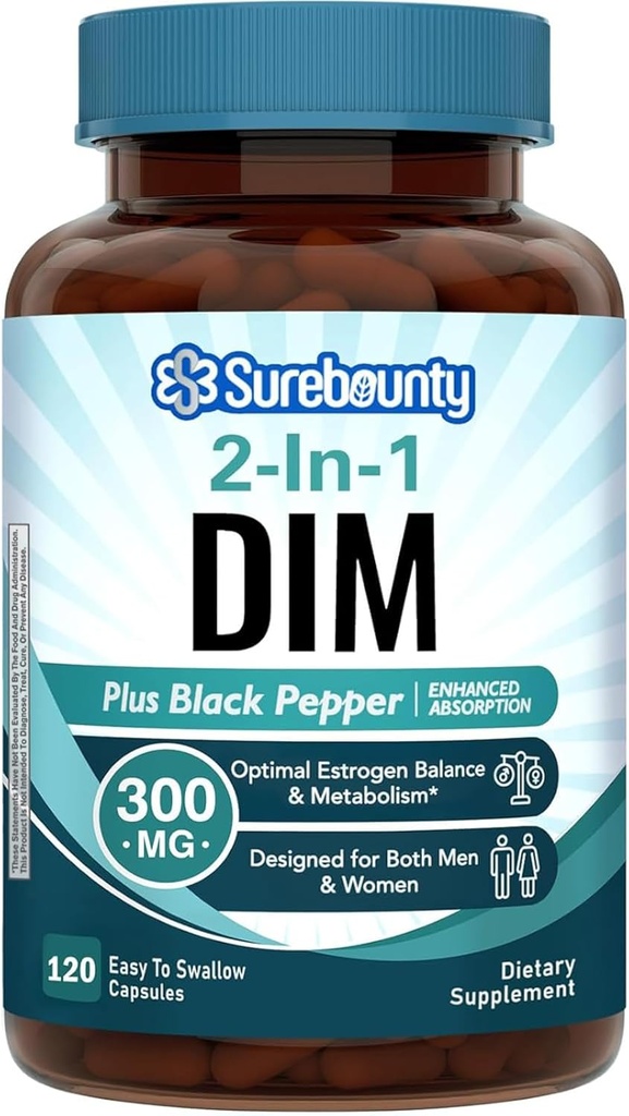 DIM Suplemento 300mg para Hombres, Equilibrio Estrógeno " Metabolismo, Equilibrio hormonal, Apoyo a la menopausia, Mantenencia energética, Alta Absorción con Extracto de Pepper Negro, 120 Caps
