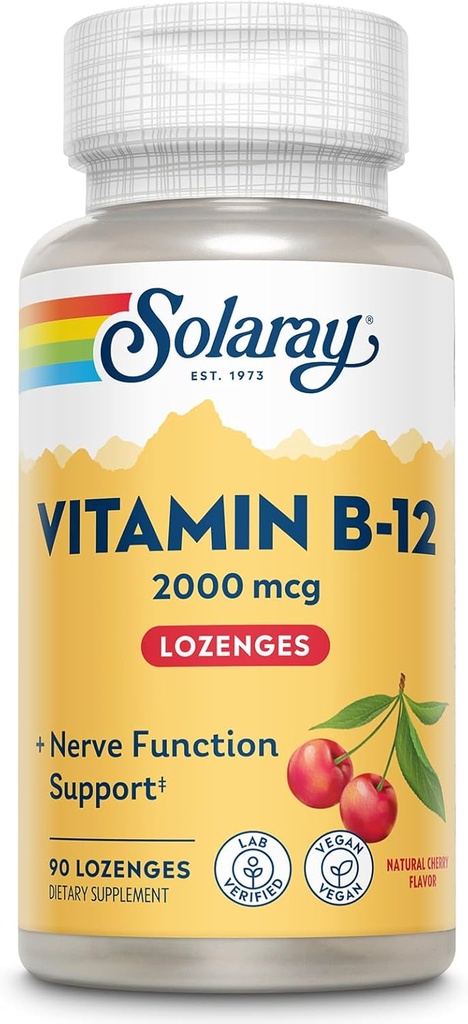 SOLARAY Vitamina B12 2000 mcg Lozenges - No Azúcar, Natural Cherry Flavor Vitamina B 12 Suplemento para Nerve Función, Energía y Red Blood Cell Support - Lab Verified, Vegan - 90 Servimientos, 90 Lozenges