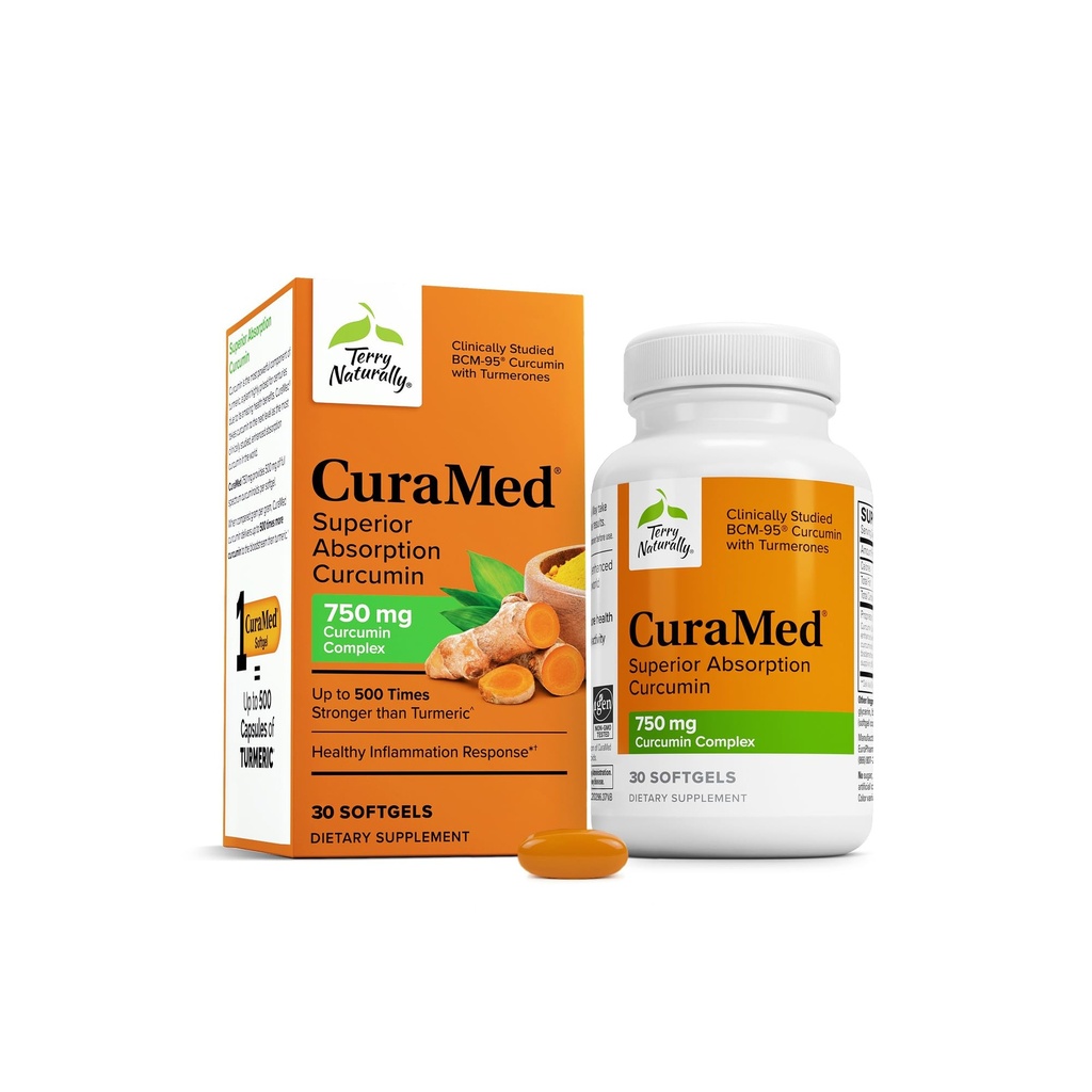 Terry Naturalmente CuraMed 750mg - Suplemento Antioxidante para la salud del cerebro - Suplemento dietético con Complejo de Curcumina de alta potencia - Kidney, Liver &amp; Immune Health Support - 30 Softgels