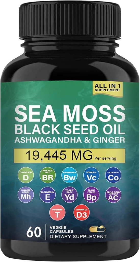 Moss de Mar Orgánica, Aceite de Semillas Negras, Ashwagandha y Ginger Capsules, Moss de Mar Suplementos con Burdock Root Orgánico, Vitamina C, D3, Turmérico y Amarillo Dock for Energy Support, Immune System and Skin