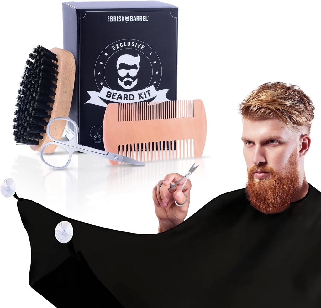 Kit de acicalamiento de barba para hombres 4 en 1. Cepillo de barba y peine conjunto con abrón de abrón de abeto libre de mezquino, tijeras de bigote. Cepillo natural y Dual Action Comb. El novio de los hombres. Regalo para el esposo,