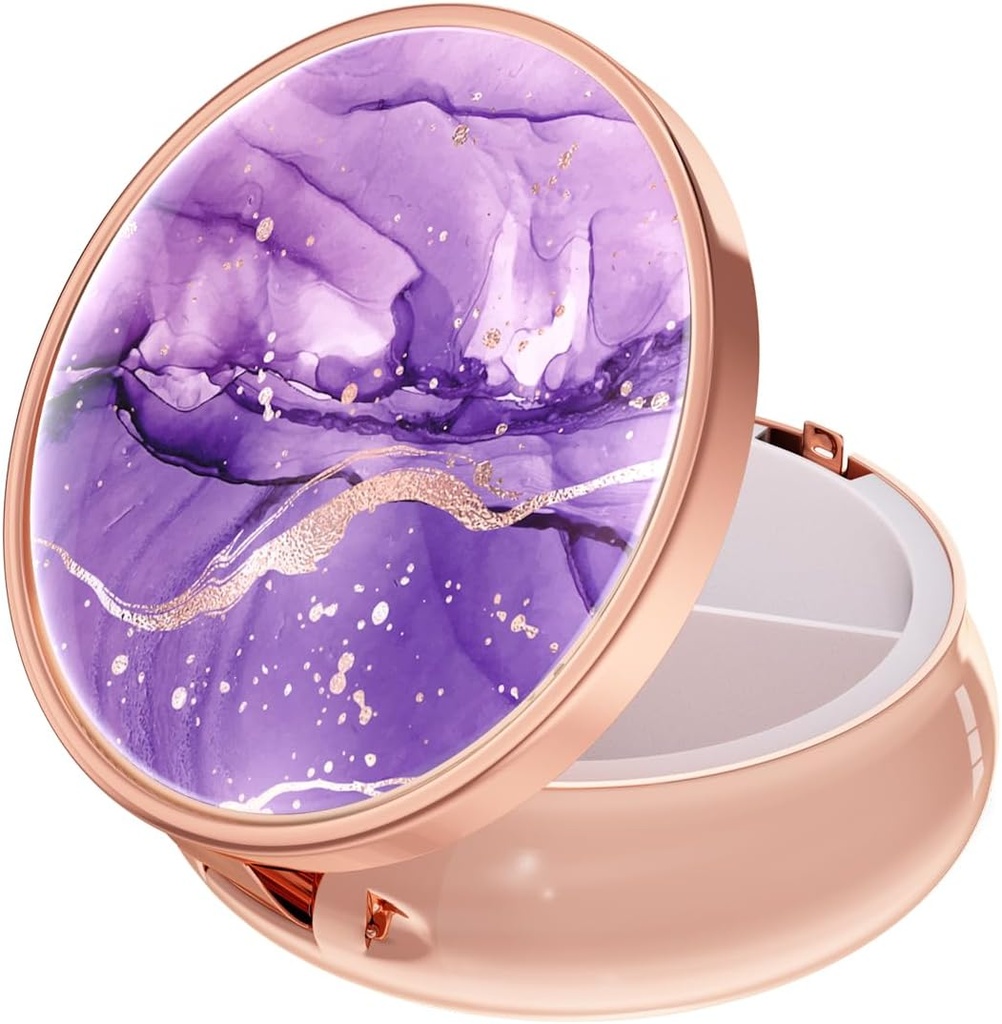 Rouidr Pill Box, 3 Compartment Medicine Pill Case, Small Metal Travel Medicine Box for Purse & Pocket, Rose Gold, Purple Marble