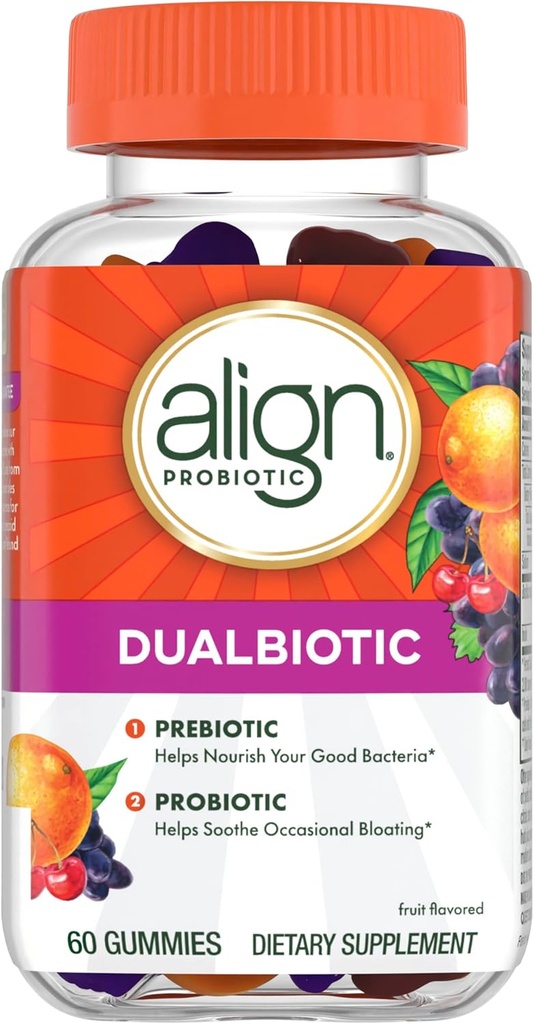 Dualbióticos alineados, prebióticos y probióticos para mujeres y hombres, Probióticos para la salud digestiva, Prebióticos Ayuda Nourish Good Bacteria, Sabores de Frutas Naturales, 60 Gummies Probióticas