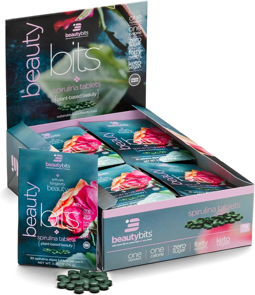 BEAUTYbits - Organic Spirulina Tablets - Algae Superfood - Collagen, Protein, Chlorophyll - Hair, Nails, &amp; Skin Care - Vegan, Keto, Gluten Free - Self Care - Skincare Beauty - 30 Bags, 900 Tablets