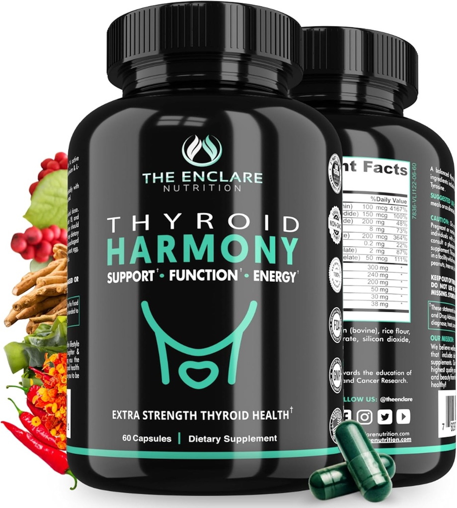 THE ENCLARE NUTRITION Thyroid Support Supplement with Iodine - Balance Hormones for Energy, Metabolism, Focus, Stress, Mood. Ashwagandha, Zinc, Selenium, Vitamina B12, Kelp, Magnesio, L Tyrosine (1)