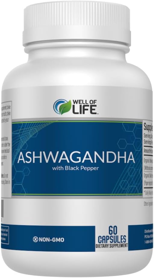 Well of Life: Ashwagandha 650mg + Black Extract 60 Veg Capsules: Enhanced Sleep & Well-Being. Adrenal Health Support. No GMO, certificado GMP. Hecho en EE.UU.