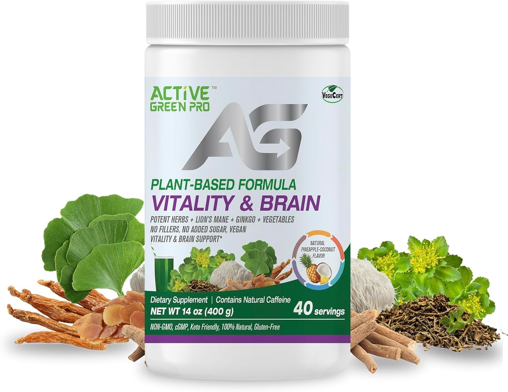 Vitality & Brain Powder, Blend of Synergistic Herbs, Lion's Mane, Ginkgo y Vegetables, Plant-Based Formula, No Fillers, No Sugar Añadido - 40 Servings