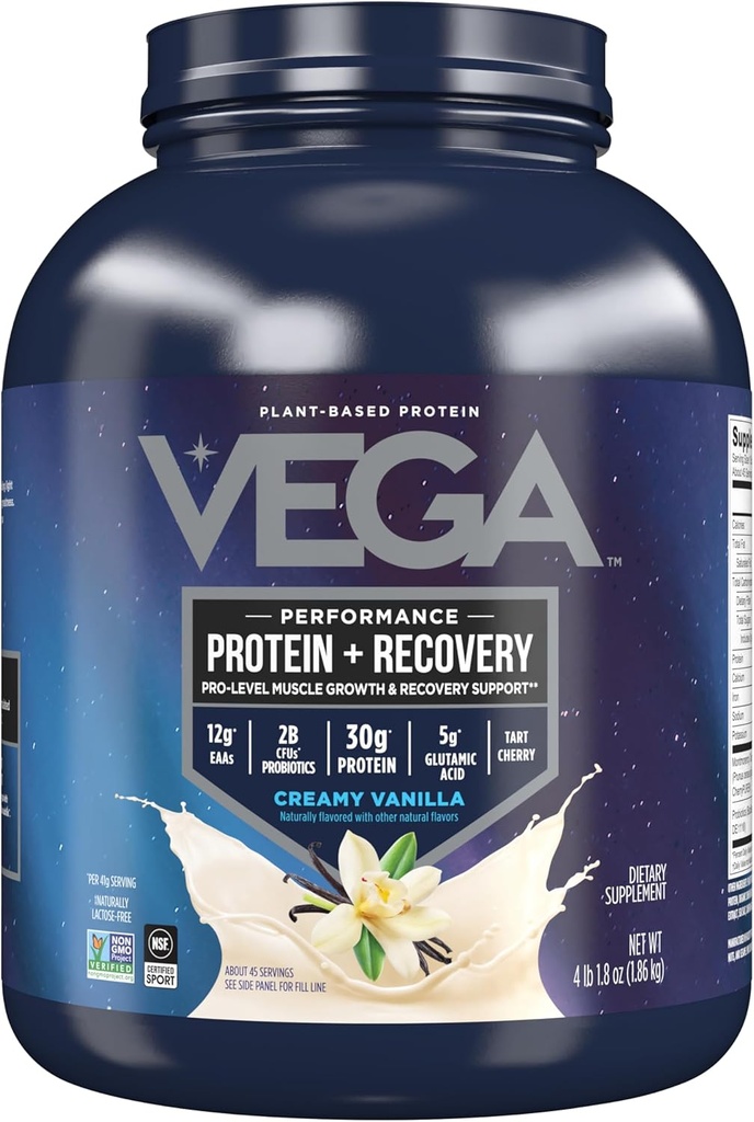 Vega Sport Vegan Protein Powder + Recuperación - 30g Proteína basada en la planta por Serving, Vanilla, 45 Servimientos, 5g BCAAs, Probióticos, NSF certificado, Para Shakes & Smoothies, 4.1lbs (Paquete May Vary)