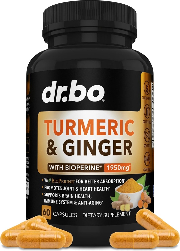 Curcumina Turmérica con BioPerine &amp; Suplemento de jengibre - 1950mg Tumérico orgánico y Curcumina BioPerine Pepper Negro Píldoras - Turmérico y Ginger Suplemento 60 cápsulas