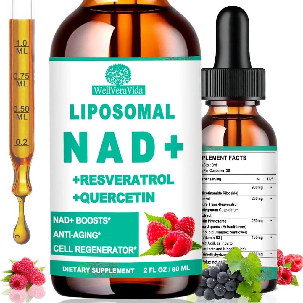 Suplementos NAD para Mujeres y Hombres, Liposomal NAD Nicotinamide Riboside Resveratrol 900mg, TMG, Quercetina, Vitamina B3, Suplemento Orgánica de Resveratrol NAD para Longevidad, Energía, Anti-Envejecimiento, Focus