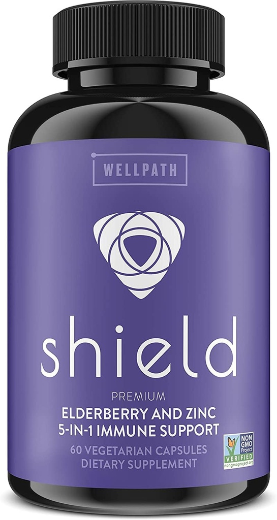 WellPath Shield Elderberry Capsules - 5-in-1 Immune Support Booster con Zinc, Vitamina C, Echinacea, Bee Propolis - Premium Zinc Suplemento - 600 mg Sambucus Black Elderberry Pills para adultos - 60 Ct
