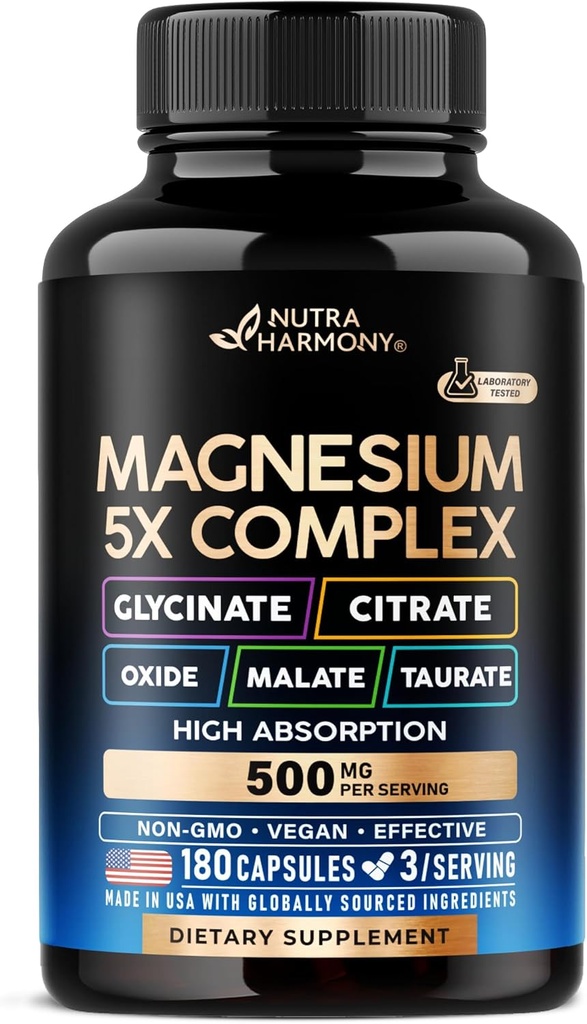 Suplemento de Magnesio - 5 en 1 Complejo TENIDO Glycinate ANTE Citrate TEN Malate TEN Taurate ANTE Oxide - Made in USA - Stress, Muscle & Heart Support - Vegan, Natural, Non-GMO - 180 Capsules, 2 Month Supply