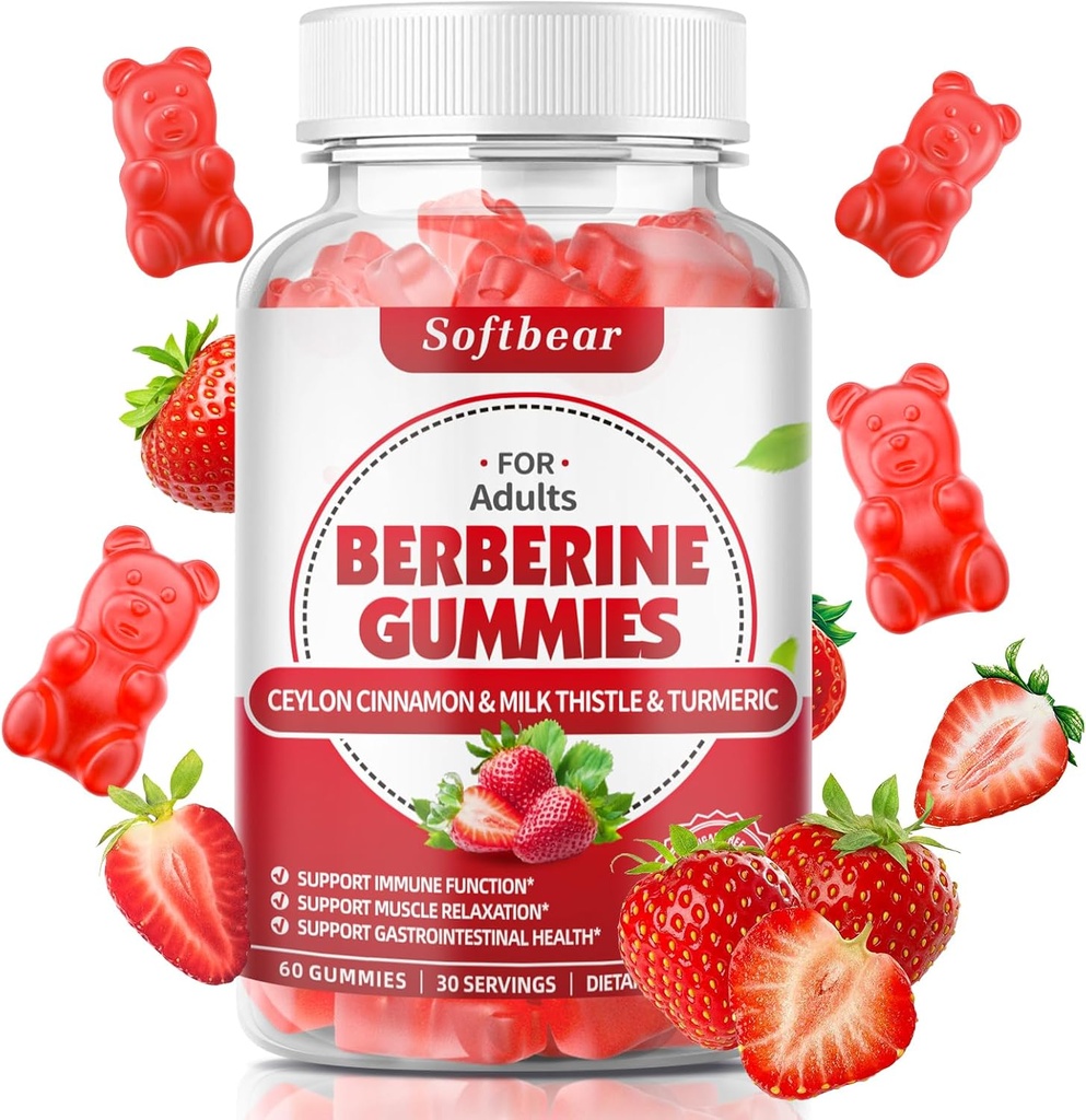 softbear Berberine con Ceylon Cinnamon Gummies Orgánica Berberina HCL 1500mg para Metabolismo Immune Health Suplementos de Berberina Libre de Azúcar Flavored 60 Con