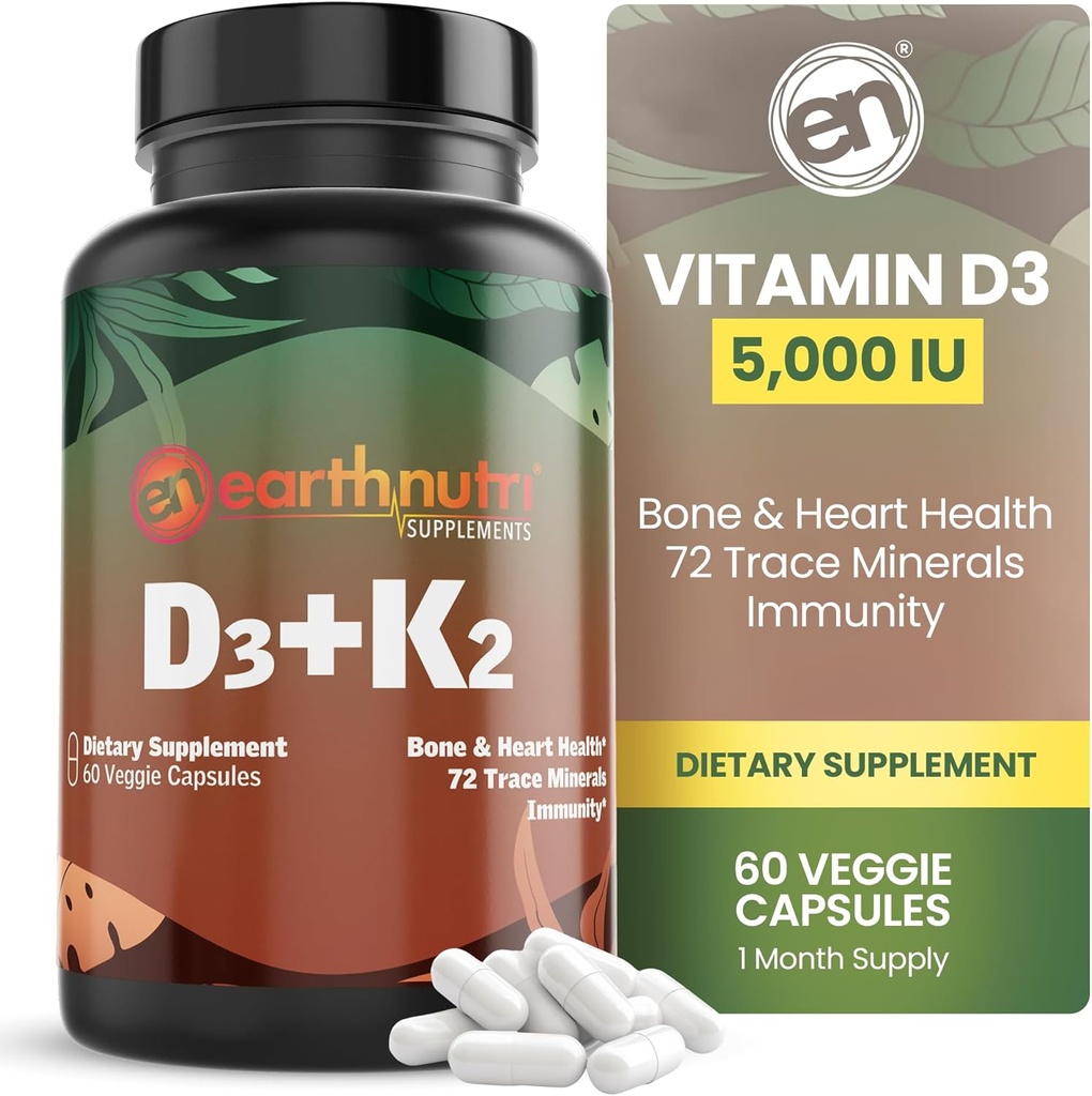 EarthNutri Vitamina D3 K2 Suplemento 5000 UI – Incluye K2 de MENA Q7, D3 de Vitashine, Calcio de Aquamin & 72 Trace Minerals – para Immune, Bone & Heart Health – Non-GMO – 60 Veg Capsules