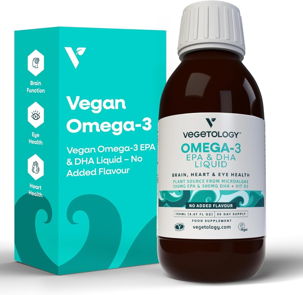 Vegan Omega 3 Liquid, de Microalgae, 800 mg de EPA DHA, con vitamina D3, apoya la salud del corazón, cerebro y ojo, natural Fish Oil Alternative, UK Made, Unflavoured