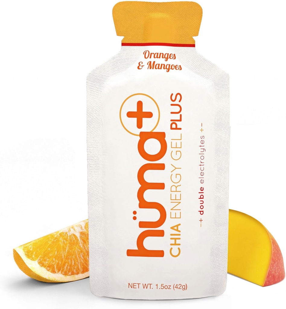 Huma Plus (Doble Electrolytes) - Chia Energy Gel, Orange Mango, 24 Gels - Stomach Friendly, Real Food Energy Gels