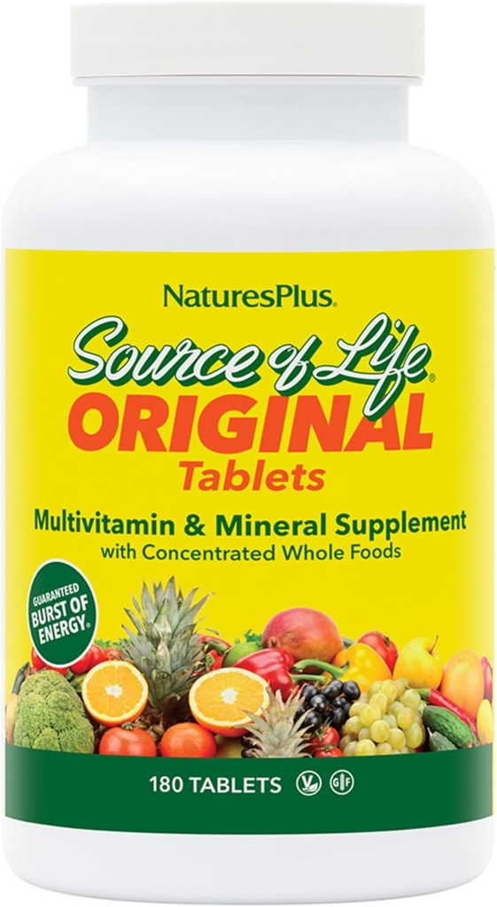 NaturesPlus Source of Life - 180 Tablets, Pack of 2 - Multi-Vitamin &amp; Mineral Supplement - Supports Natural Energy &amp; General Well-Being - Gluten Free, Vegetarian - 40 Total Servings