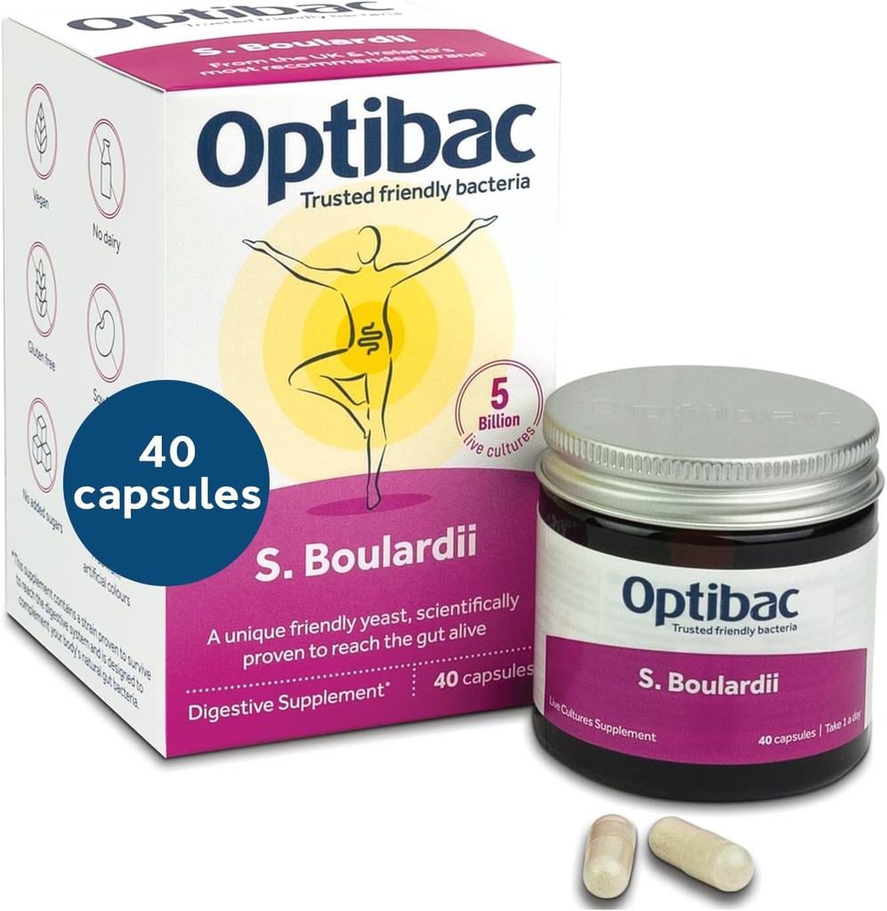 Optibac Probiotics Saccharomyces Boulardii - Vegan Scientifically Provenido Suplemento Probiótico, 5 Billones CFU - 40 cápsulas