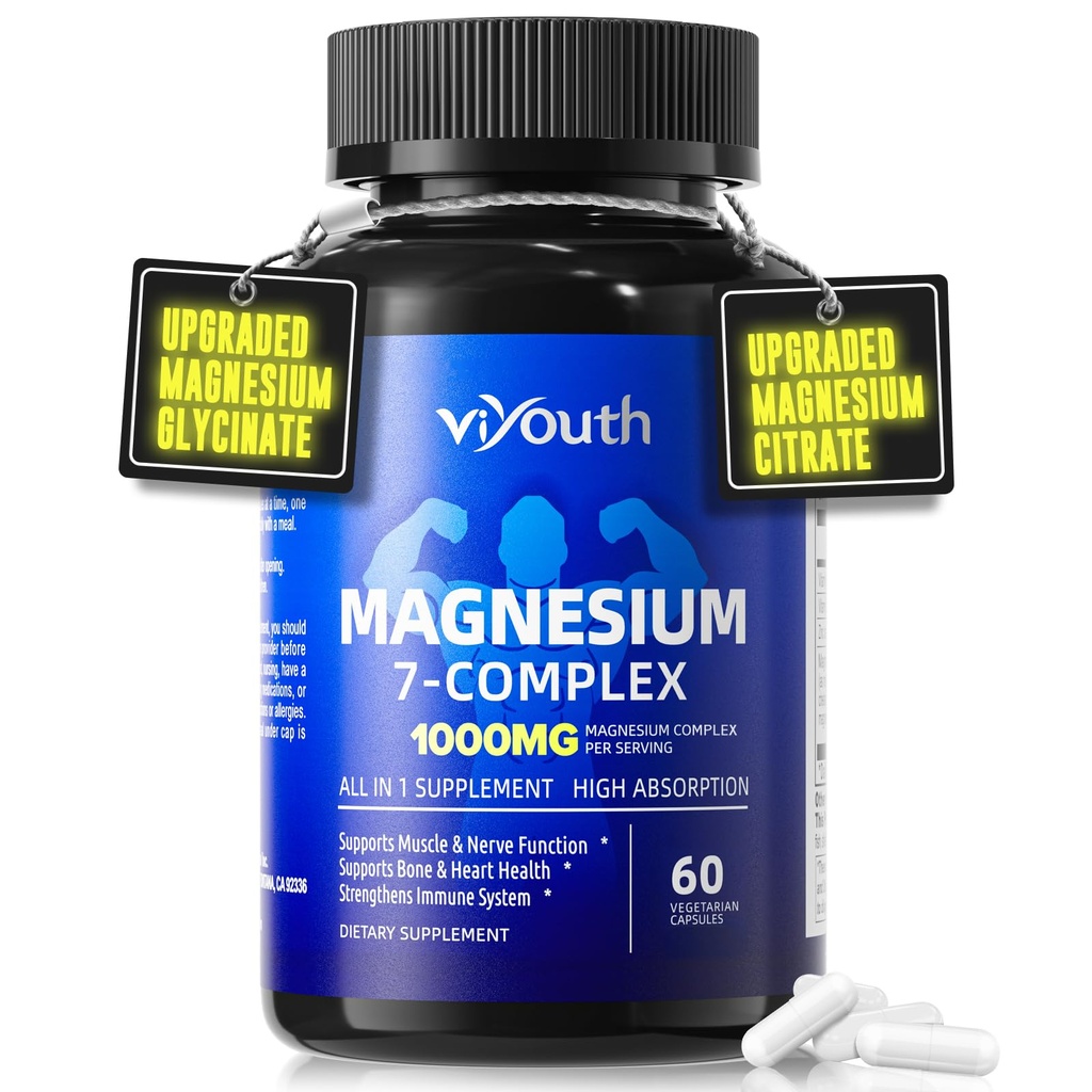 Magnesium 7 Complex Supplement Advanced with 7 Forms of Magnesium (Glycinate, Malate, Chelate, Aspartate, Orotate, Taurine, Citrate), Zinc, Vitamin D3 & Vitamin B6 for Sleep & Muscle, 60 Capsules