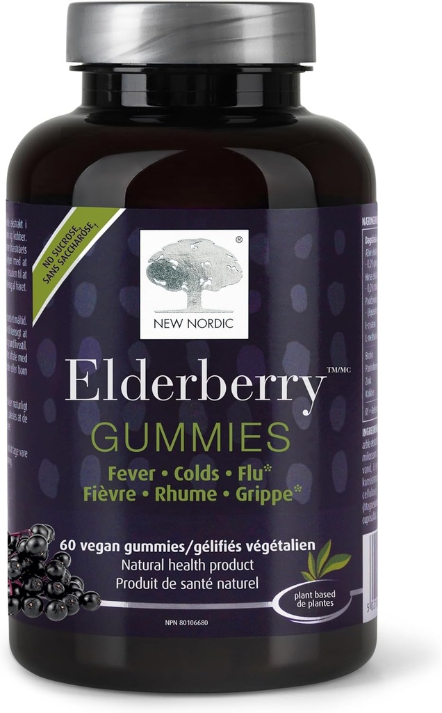 NEW NORDIC Elderberry Vegan Gummies, Sugar Free Chewable Immune Support with Vitamin C for Adults and Kids 4+, No Artificial Colors or Flavors, 60 Cuenta (Pack of 1)