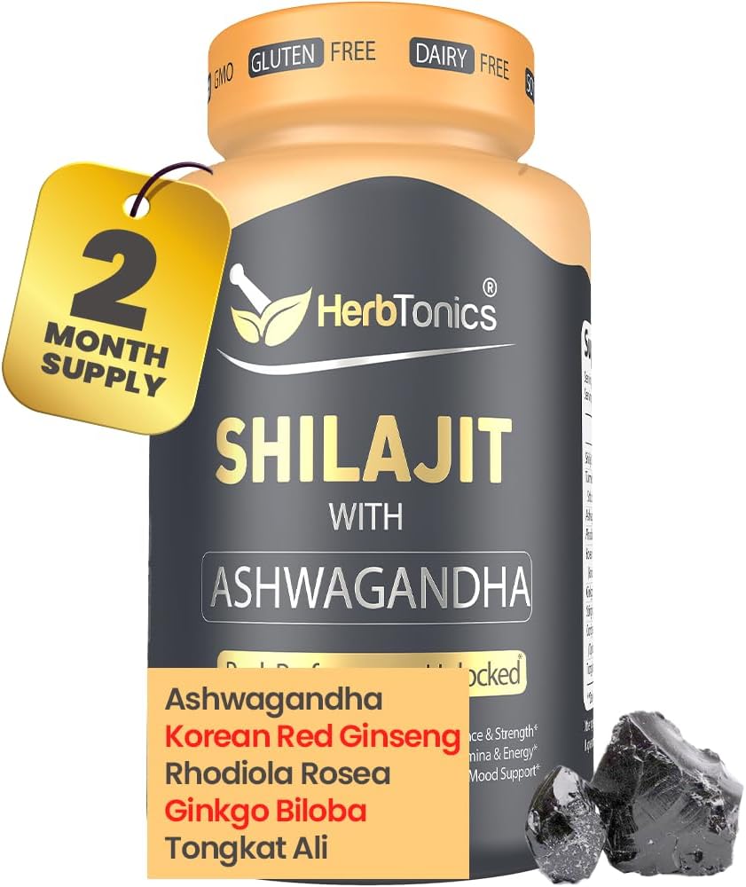 Herbtonics Shilajit for Hombres " Mujeres con Ashwagandha, Korean Red Ginseng, Rhodiola Rosea, Ginkgo Biloba, Tongkat Ali ← Fulvic Acid " Trace Minerals for Stamina " Immunity ← 60 Vegan Capsules