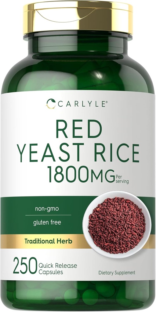 Carlyle Red Yeast Rice Suplemento TEN 1800 mg ANTE 250 cápsulas TENIDO NO GMO &amp; Gluten Gratis