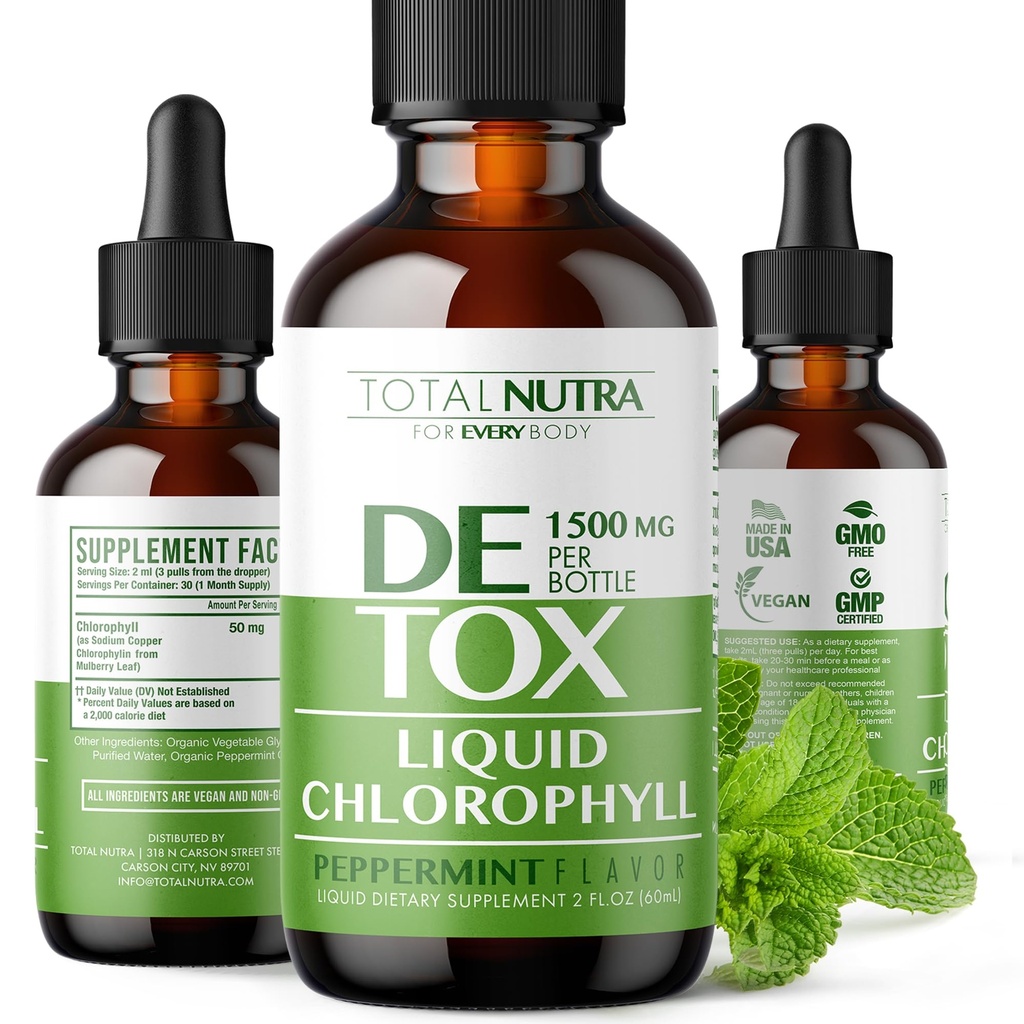 Liquid Chlorophyll Drops 50mg: Vegan Chlorophyll Liquid Drops for Natural Energy Boost, Immune Support, Body Detox for Skin Care, Internal Deodorant | Mint Flavor, Non-GMO, Gluten Free Total Nutra 2oz