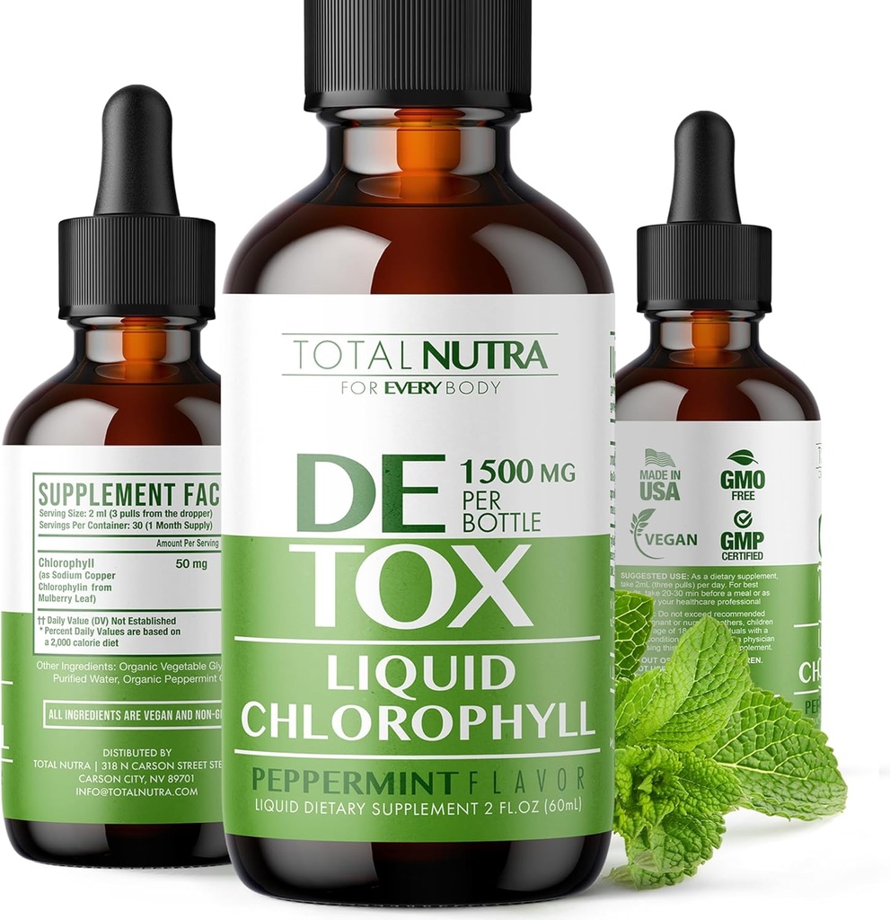 Liquid Chlorophyll Drops 50mg: Vegan Chlorophyll Liquid Drops for Natural Energy Boost, Immune Support, Body Detox for Skin Care, Internal Deodorant ← Mint Flavor, Non-GMO, Gluten Free Total Nutra 2oz