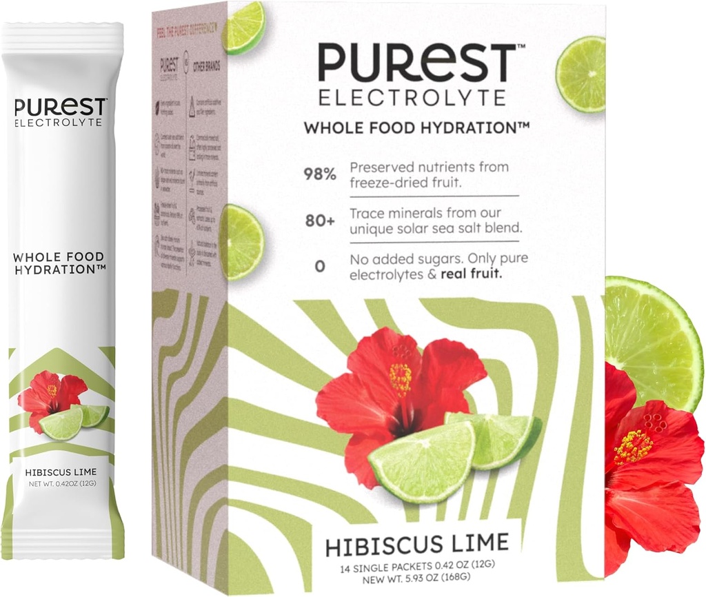 Saber más Cerebro Purest Electrolyte Hibiscus Lime Powder Packets – Hidratación Alimentaria entera - Frutas orgánicas congeladas y Saltas del Mar Solar para el equilibrio electrolípido final