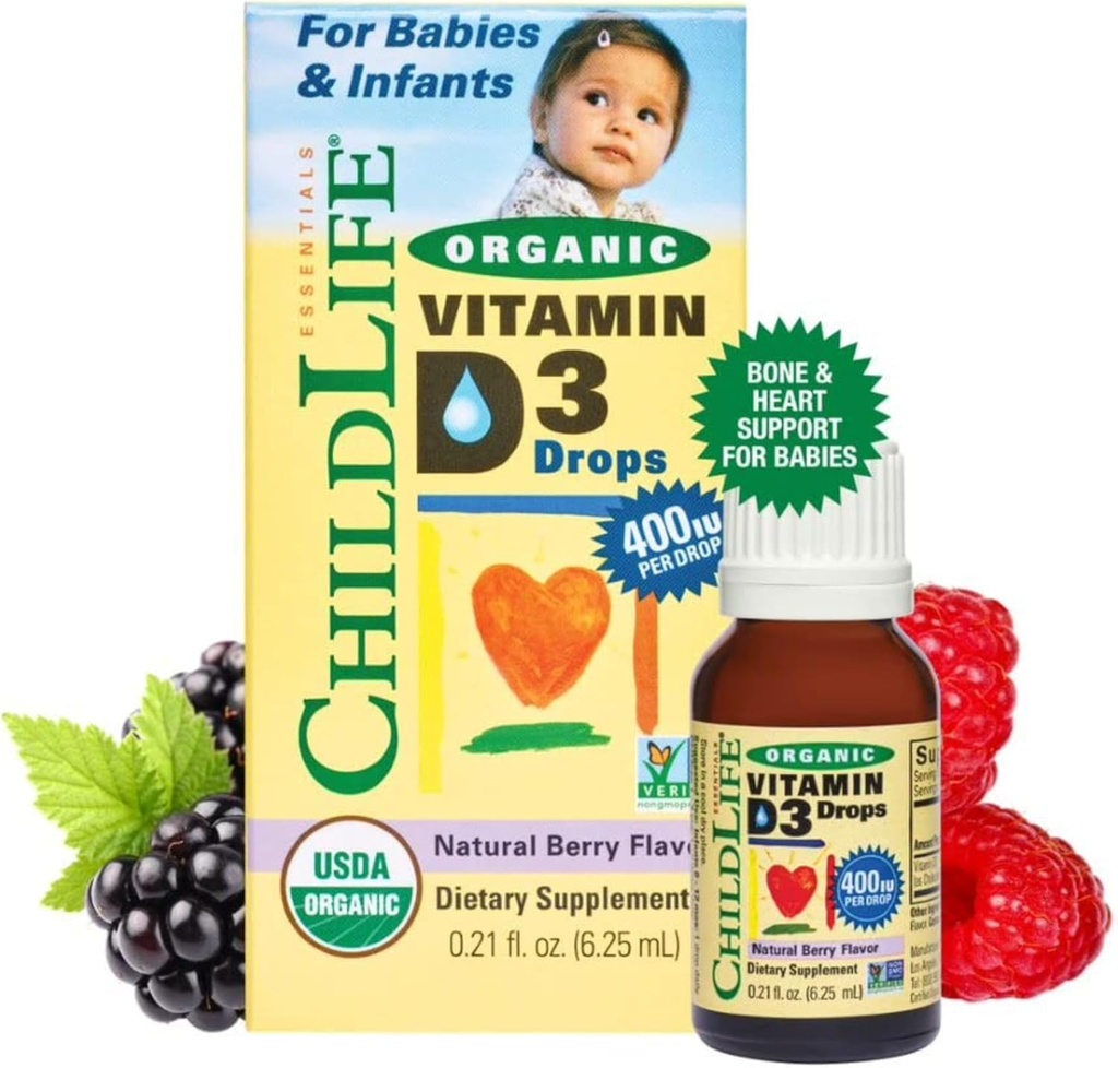 NILDLIFE ESSENTIALS Organic Vitamin D3 Drops - Vitamina D Drops for Infants & Babies, 400 UI Por gota, All-Natural, USDA Organic, Non-GMO, Kosher, Gluten-Free - Natural Berry Flavor, 0.21 Fl Oz