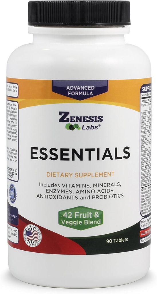 Zenesis Labs Essentials - a Natural & Nutrient Rich Multi-Vitamin - with Minerals, Enzymes, Amino Acids, Antioxidants and Probiotics - 90ct