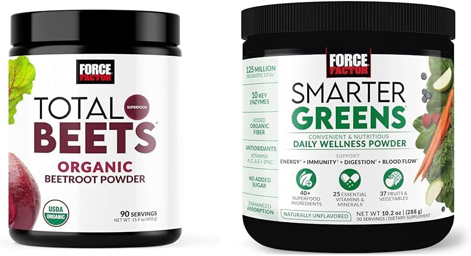 Factor de fuerza Total Beets Organic Beetroot Powder Superfood to Boost Daily Nutrition, USDA Organic &amp; Smarter Greens Daily Wellness Powder to Support Energy, Immunity &amp; Digestion