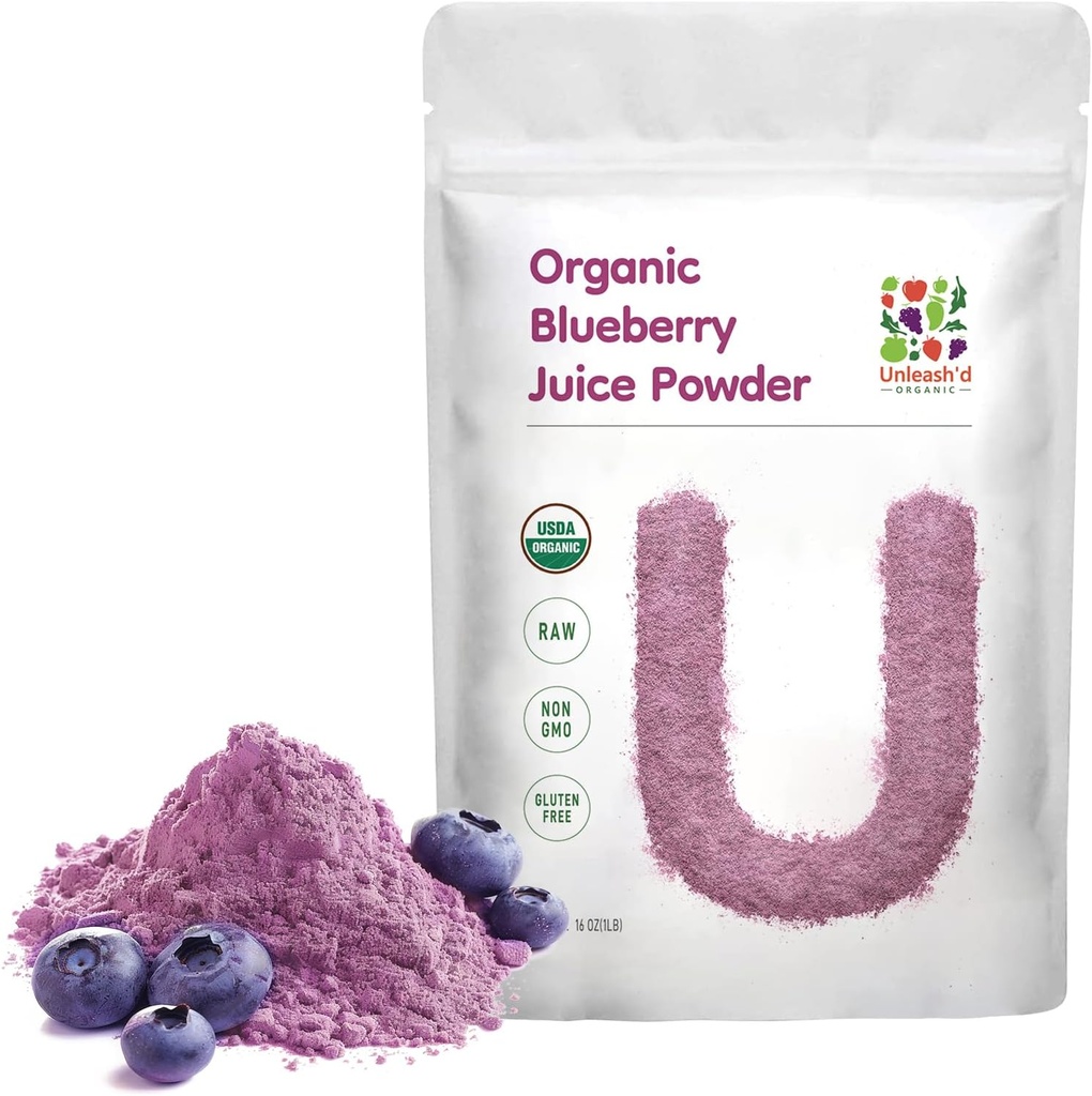 UNLEASH'D ORGANIC Organic Blueberry Juice Powder 16 oz 100% Pura comida verde natural, rica en antioxidantes y vitaminas, Ayudas Digestión y Boostas Función de inmuno