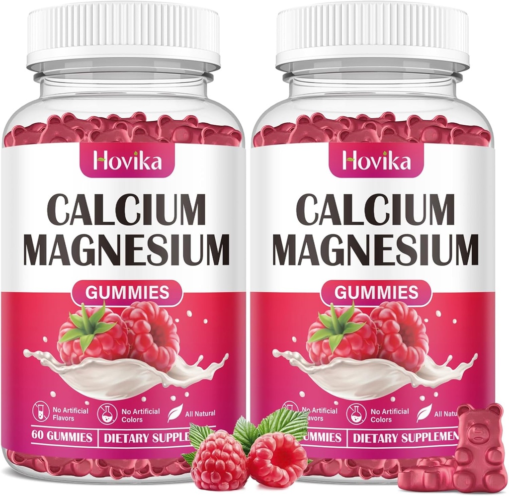 Magnesio de calcio Magnesio de Zinc Gummies-Calcium 2:1 Ratio con vitamina D3, K2, B6, B12 para fuerza ósea, función muscular " Nerve Health, Fórmula de absorción extra, Vegan, sabor a frambuesa 120 Gummies