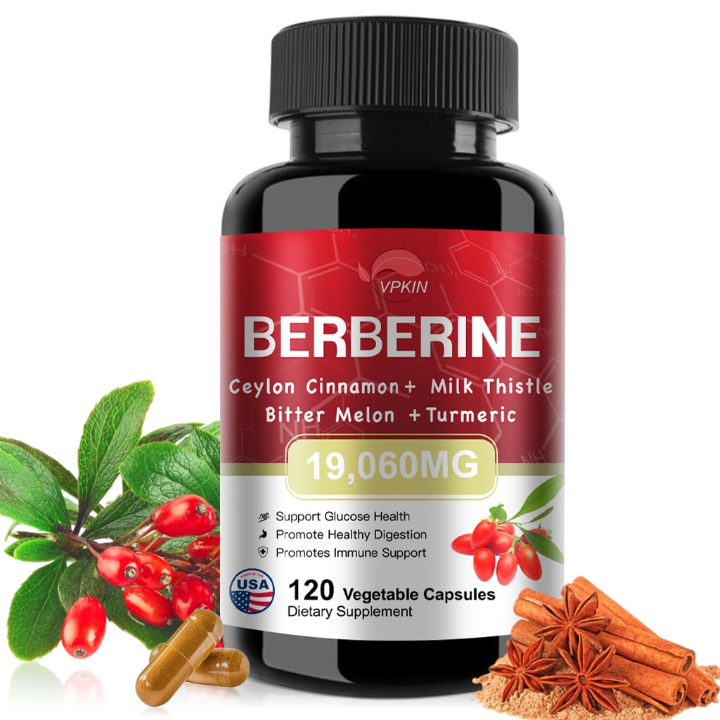 Suplemento de Berberina 19,060mg,Berberina con canela de Ceylán,Melón de Bitter, Thistle de Milk,Suplemento de HCl de Berberina(120 cápsulas)