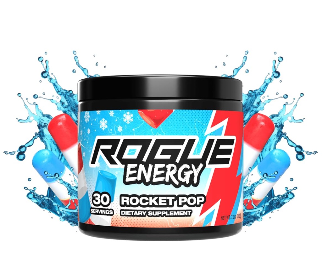 Rogue Energy Drink Powder for Long Gaming Hours - Energy Powder for Mental Focus - Sugar and Gluten Free - Gaming Supplement with Caffeine and Vitamins - Made in USA (Rocket Pop - 30 Servings)