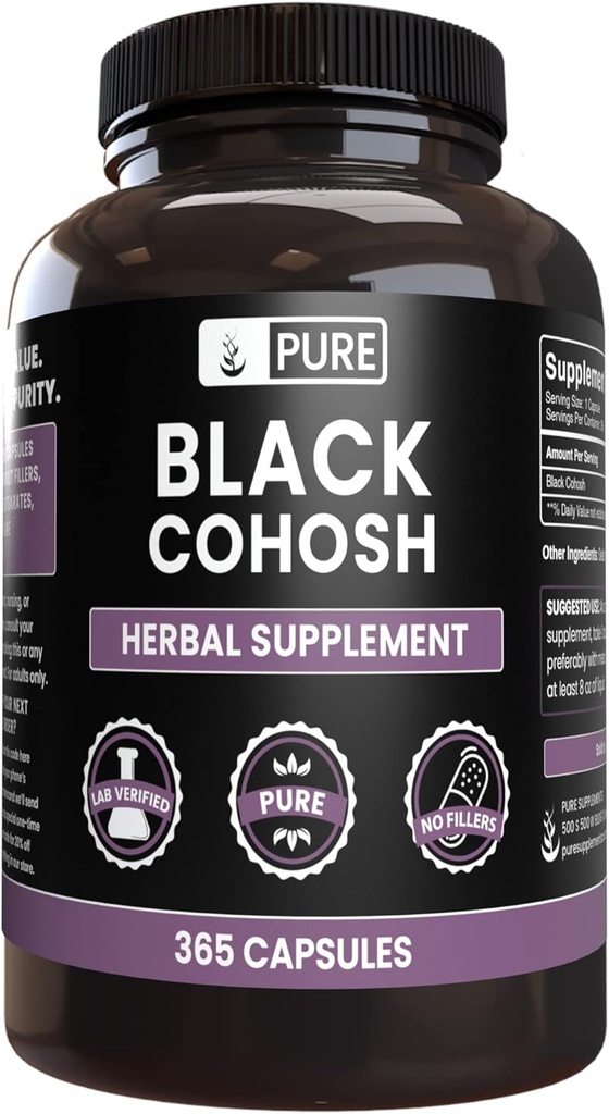 Ingredientes originales puros Cohosh negro (365 capsules) No hay magnesio o rifles de arroz, siempre puro, lab verificado