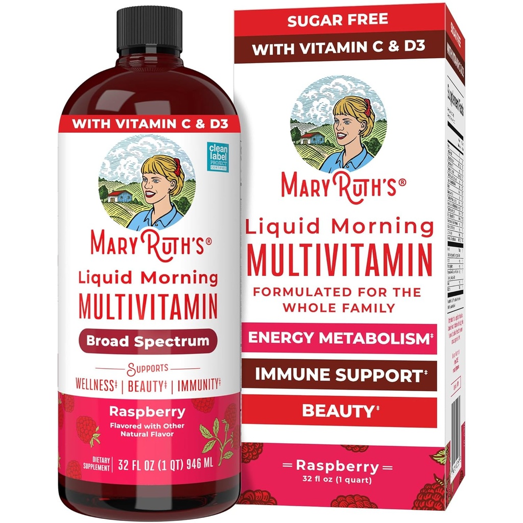 MaryRuth Organics Liquid Morning Multivitamin for Women, Men & Kids | Vitamin A C D E B6 B12 Biotin Zinc | Beauty | Vegan | Non-GMO | Gluten Free | 32 Servings