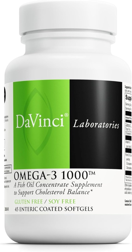 DAVINCI Laboratorios Omega-3 1000 - Suplemento dietético para mantener ya normal los niveles de colesterol y el sistema de apoyo inmunológico, cabello sano y piel* - sin gluten - 45 Enteric Coated Softgels