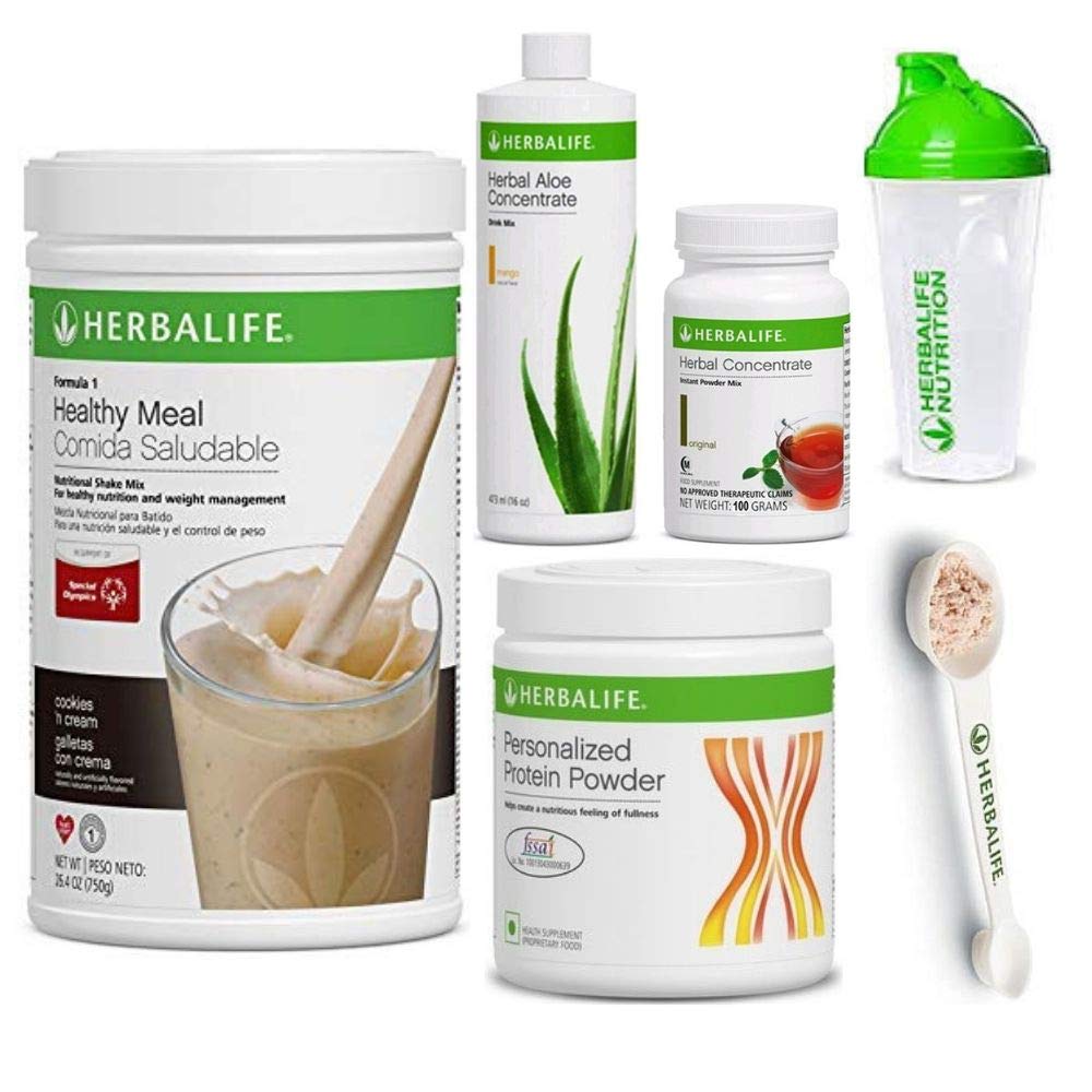Herbalife Shake Healthy Meal Kit   Cookies y Cream Fórmula 1 + Herbal Aloe (Mango) + Herbal Tea Concentrate + Protein Powder + Shaker Cup & Spoon
